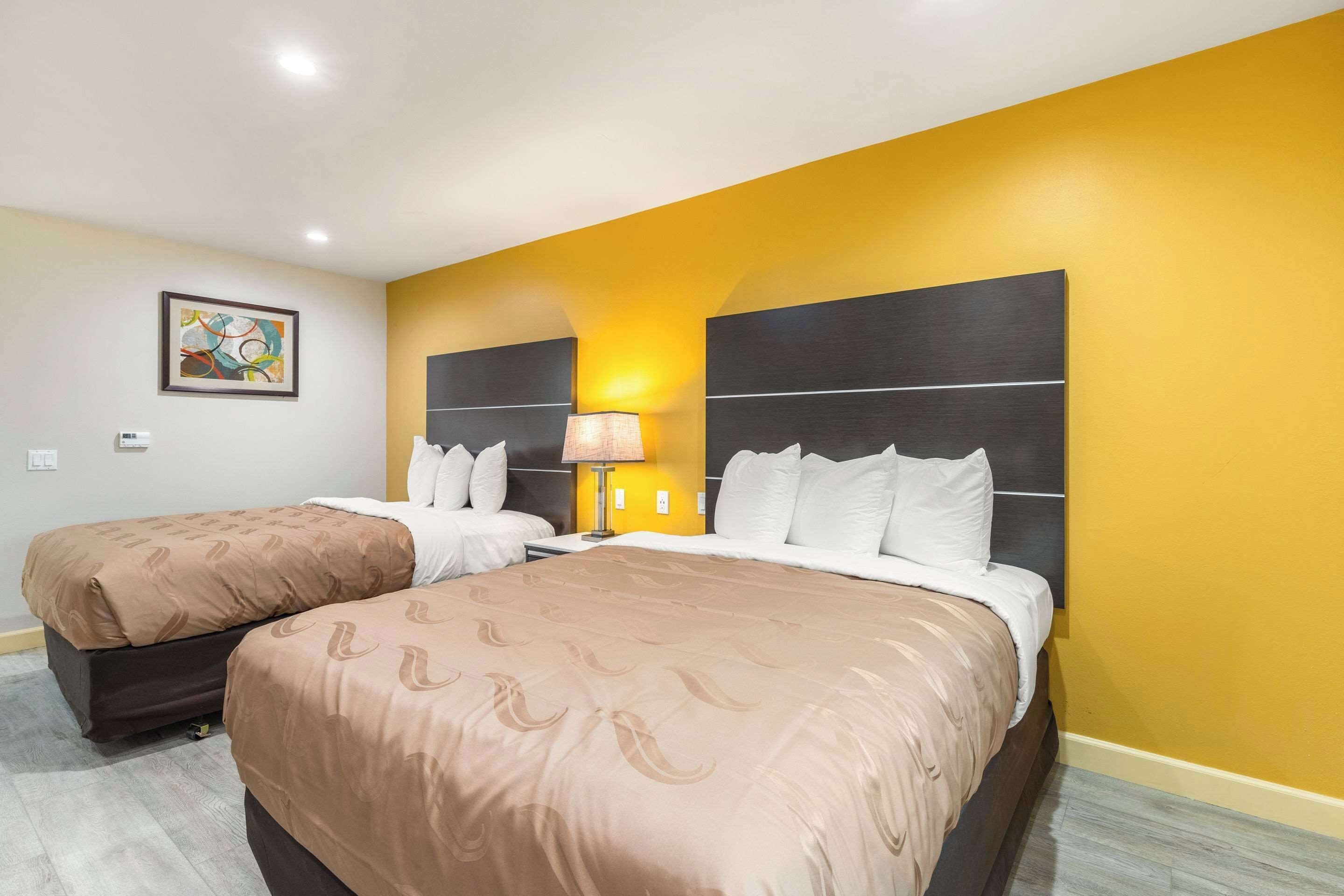 Habitación de hotel con dos camas, una pared de acento amarilla, un cabecero moderno y una obra de arte enmarcada en la pared.