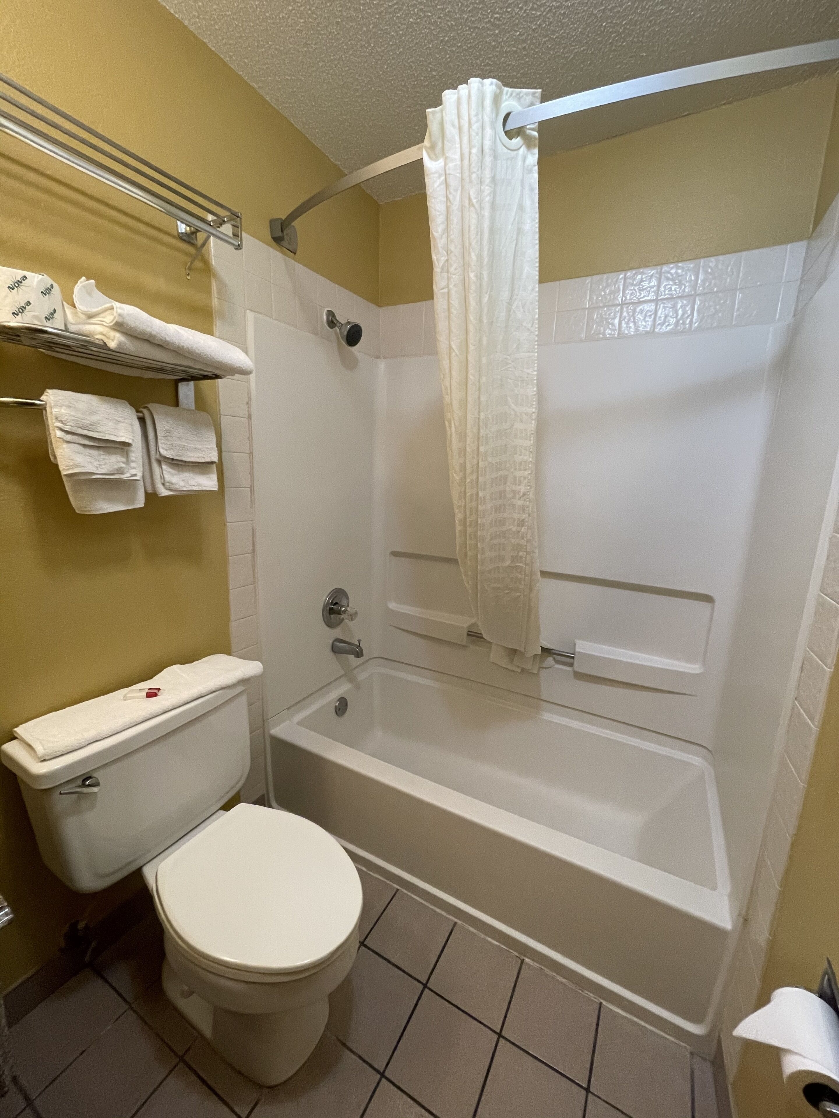 Une salle de bain équipée de toilettes, d’une baignoire et d’un rideau de douche.