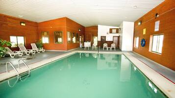 Indoor pool, open 10:00 AM to 10:00 PM, sun loungers