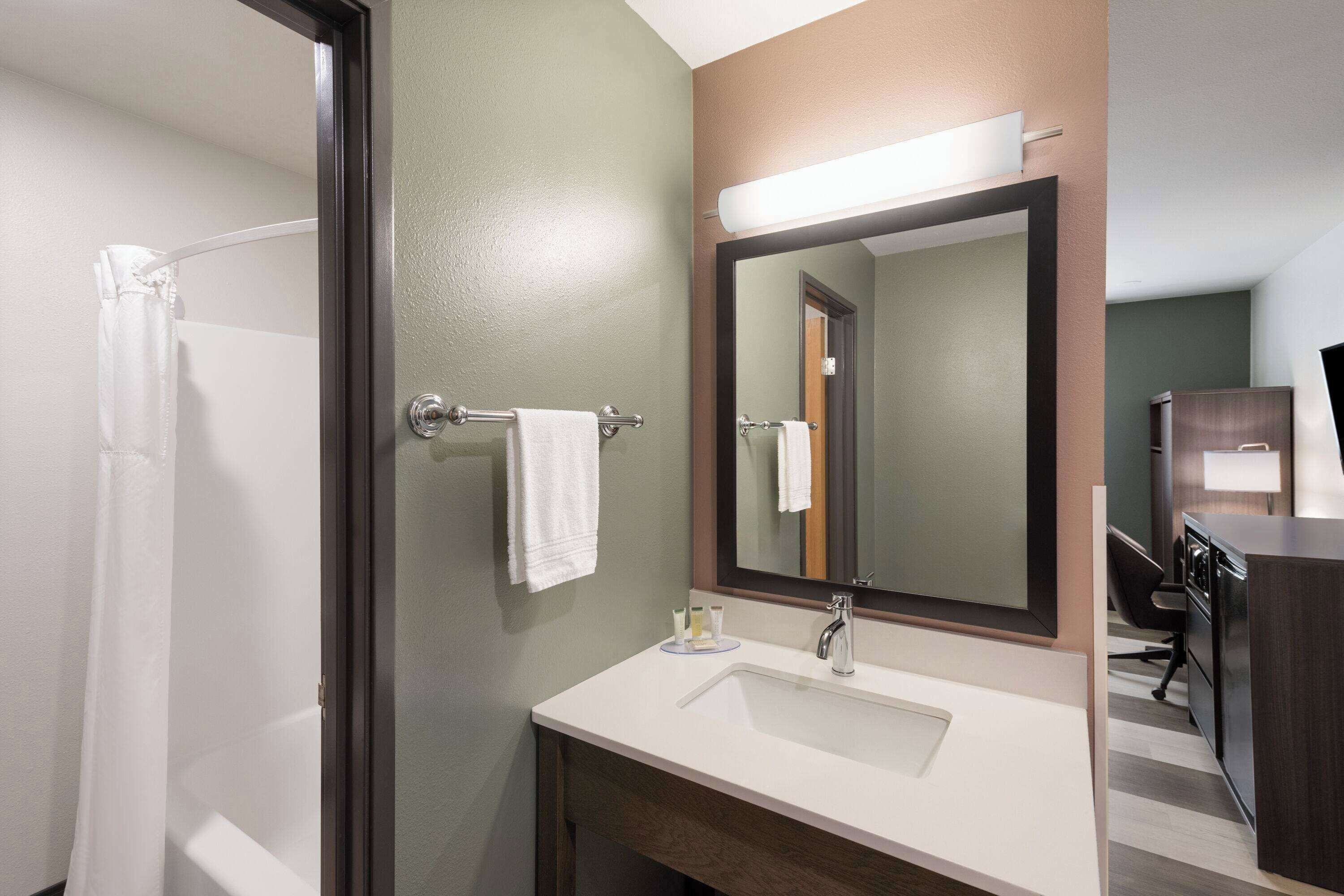 A bathroom with a sink, mirror, towel rack, and shower curtain.