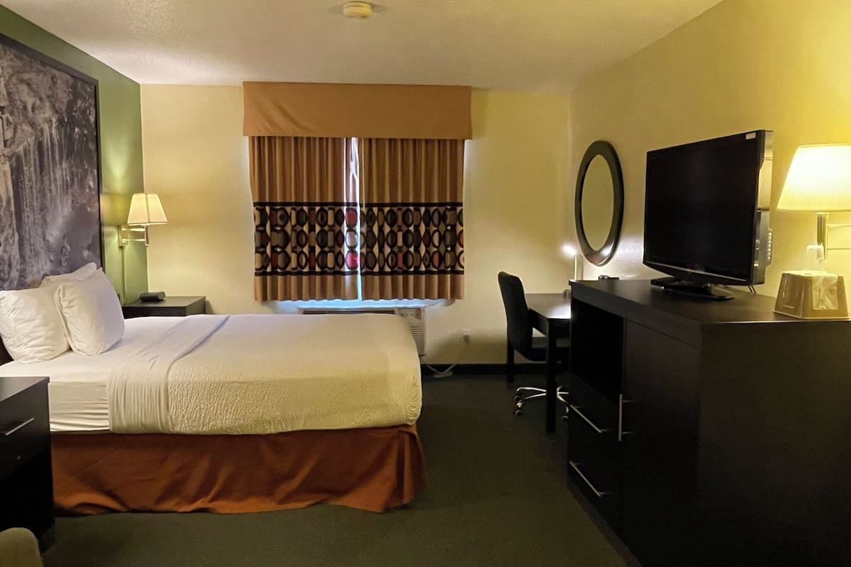 Habitación de hotel con cama, escritorio, silla, televisión y un cuadro en la pared.