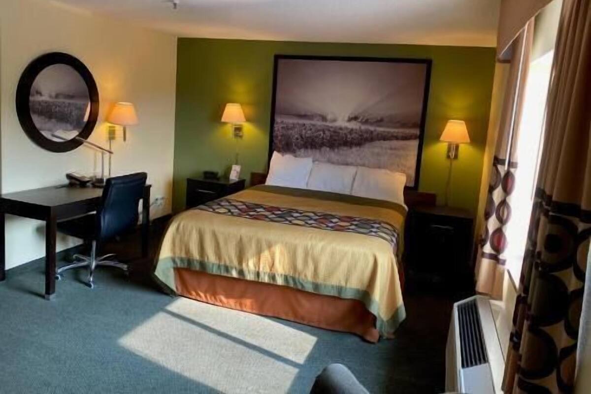 Habitación de hotel con cama, escritorio, silla, dos lámparas de noche, un cuadro de paisaje grande y una ventana con cortinas.