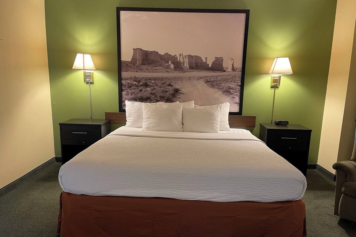 Una habitación de hotel con una cama grande, dos mesitas de noche, una lámpara de noche, una silla y un cuadro en la pared.