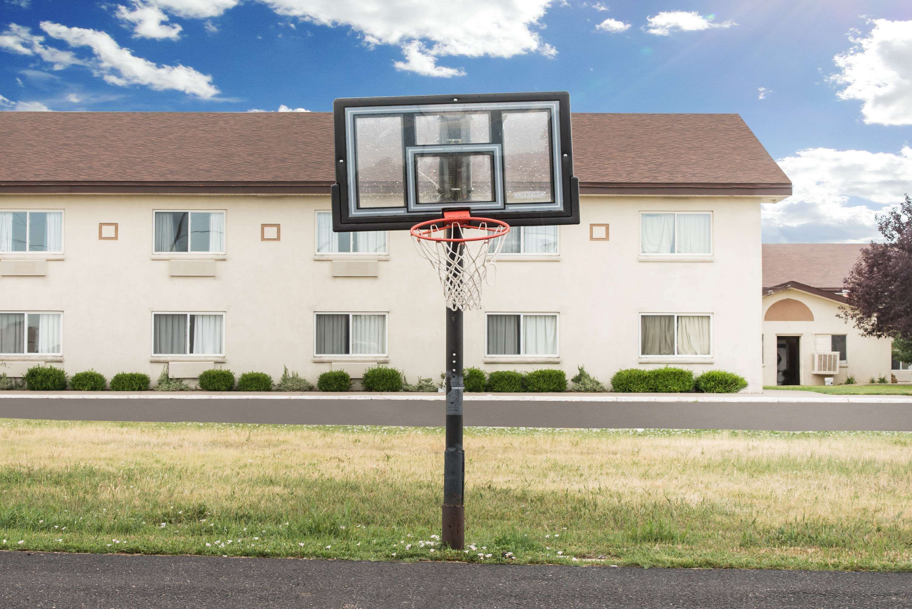 A basketball hoop in front of a residential building with multiple windows and a lawn.