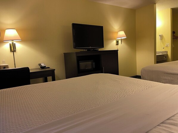 Room, 2 Double Beds, Non Smoking (Pet-Friendly) | Desk, laptop workspace, blackout drapes, iron/ironing board