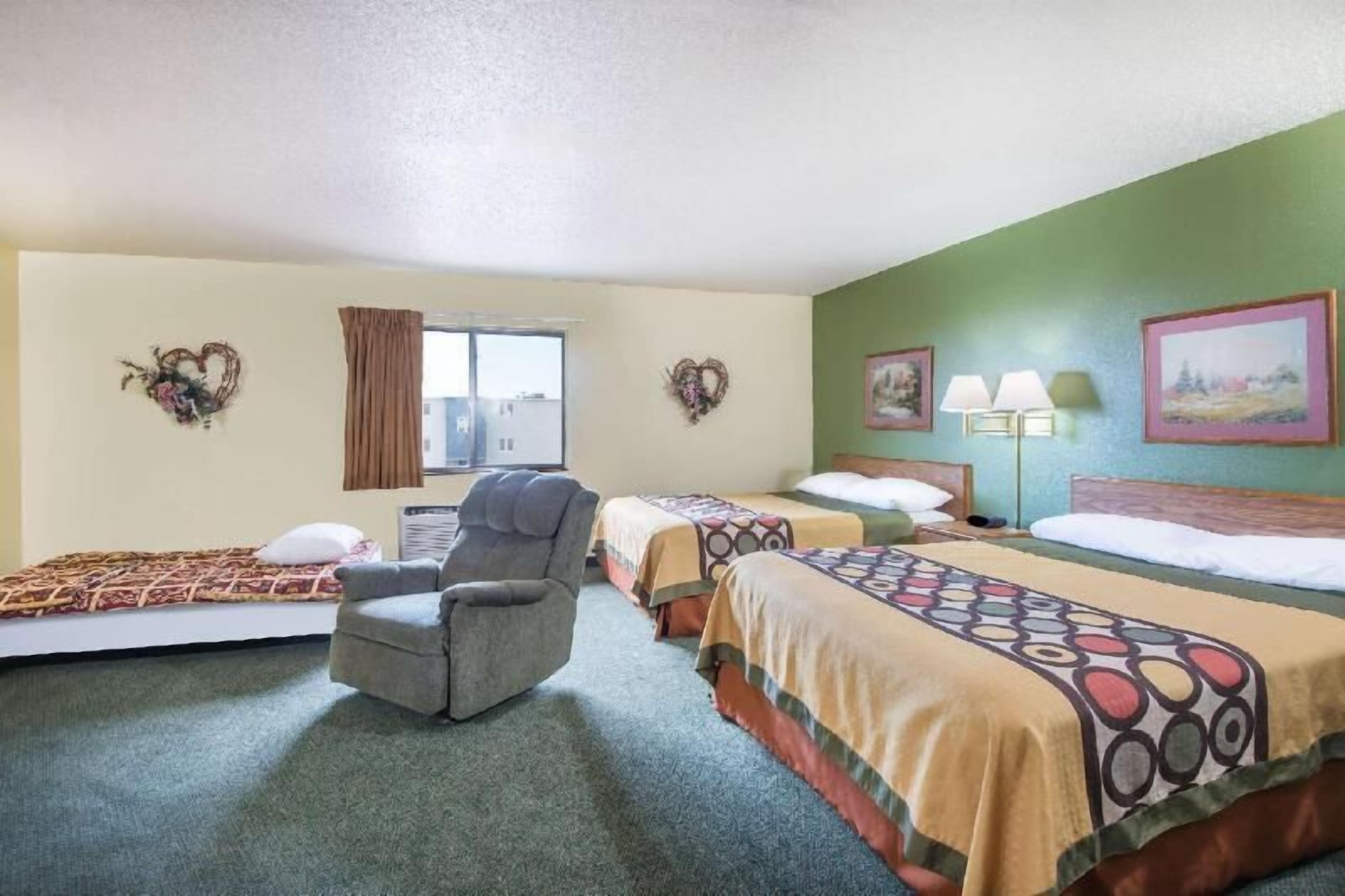 Desk, laptop workspace, blackout curtains, iron/ironing board