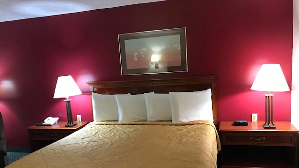 Une chambre d’hôtel avec un grand lit, deux tables de chevet, une petite table, une lampe, un tableau encadré et un téléphone.