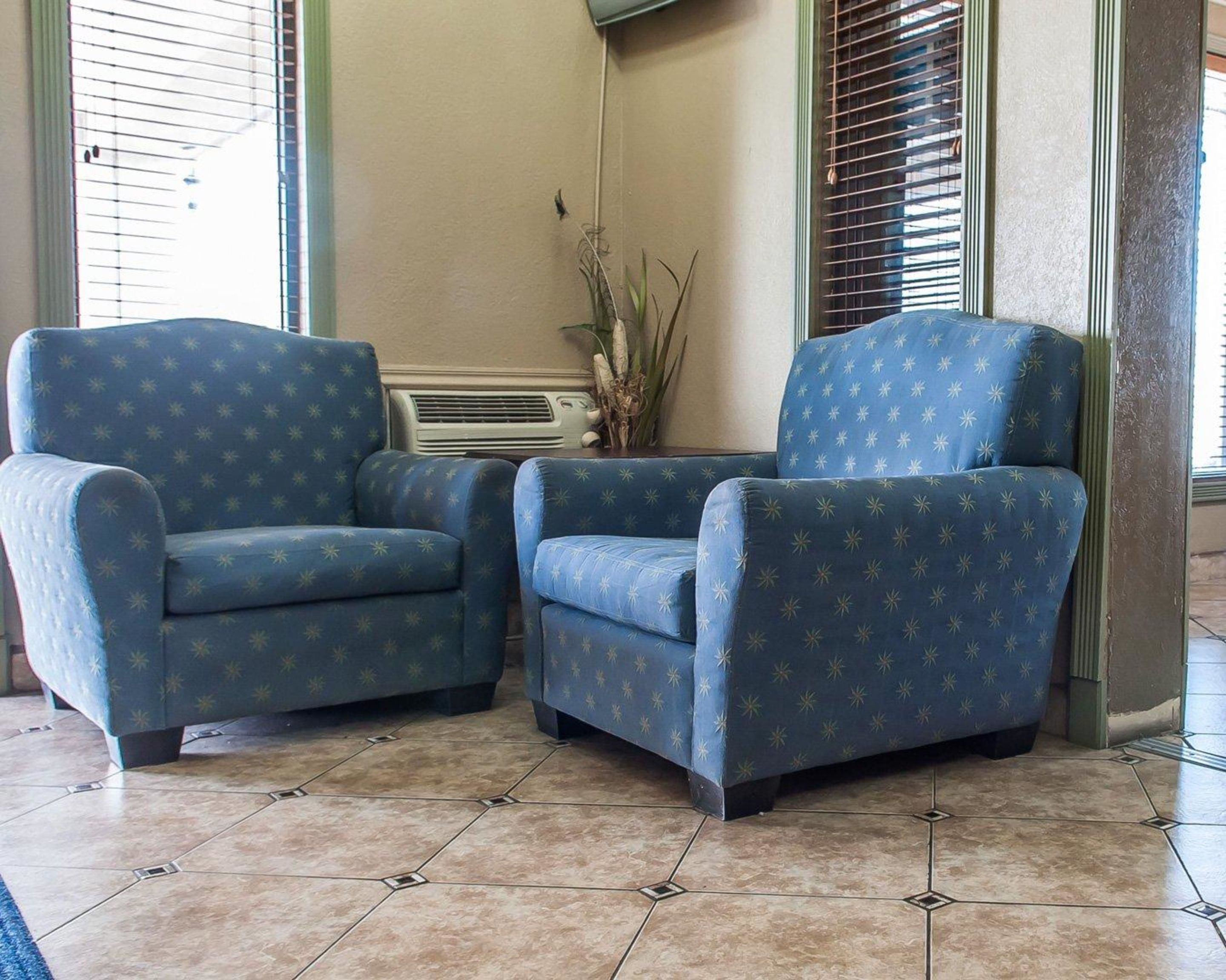 Two blue armchairs with a star pattern, a potted plant, and a tiled floor.
