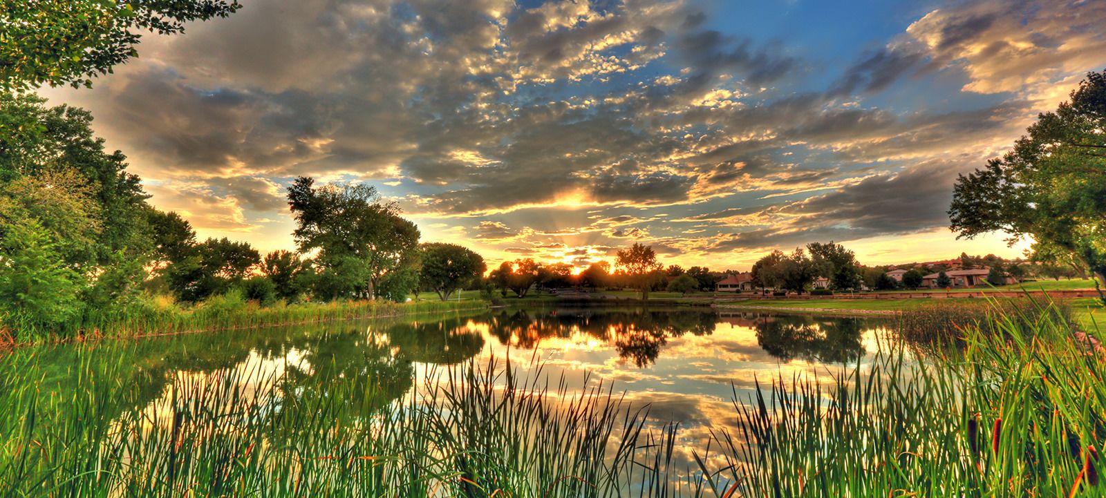 A serene lakeside view with a sunset, trees, and a clear reflection in the water.