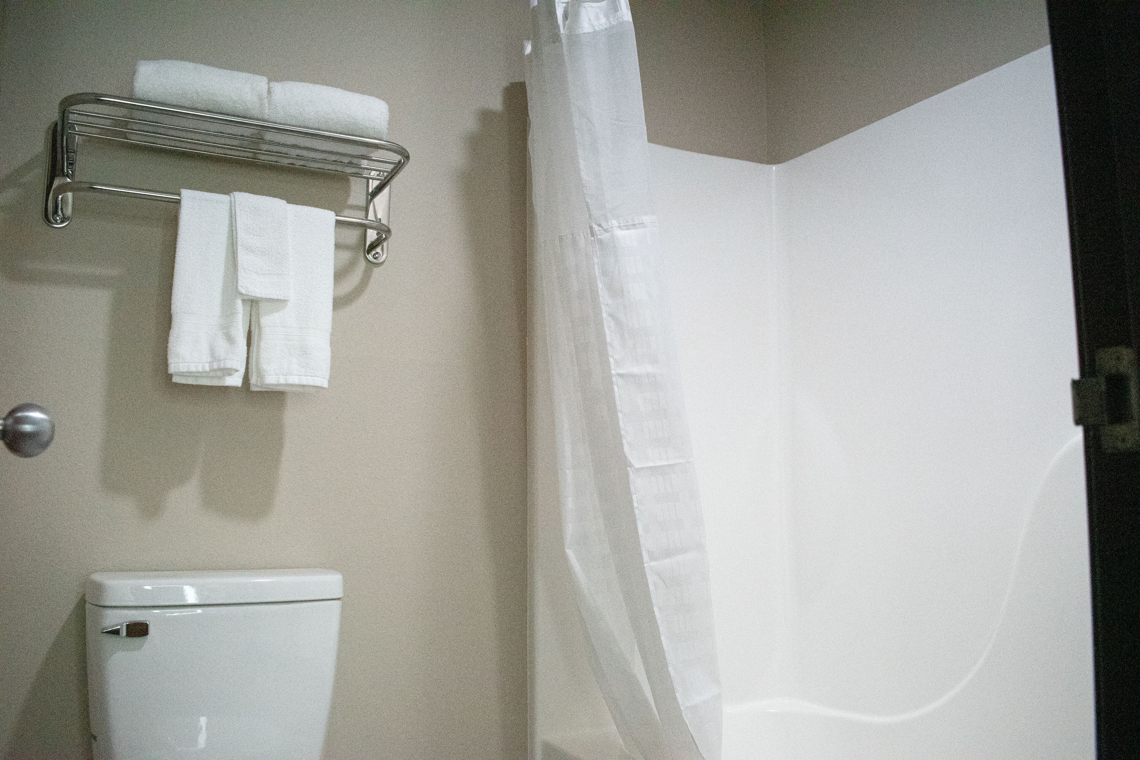 Un bagno con un water, un portasciugamani con asciugamani piegati e una tenda da doccia.