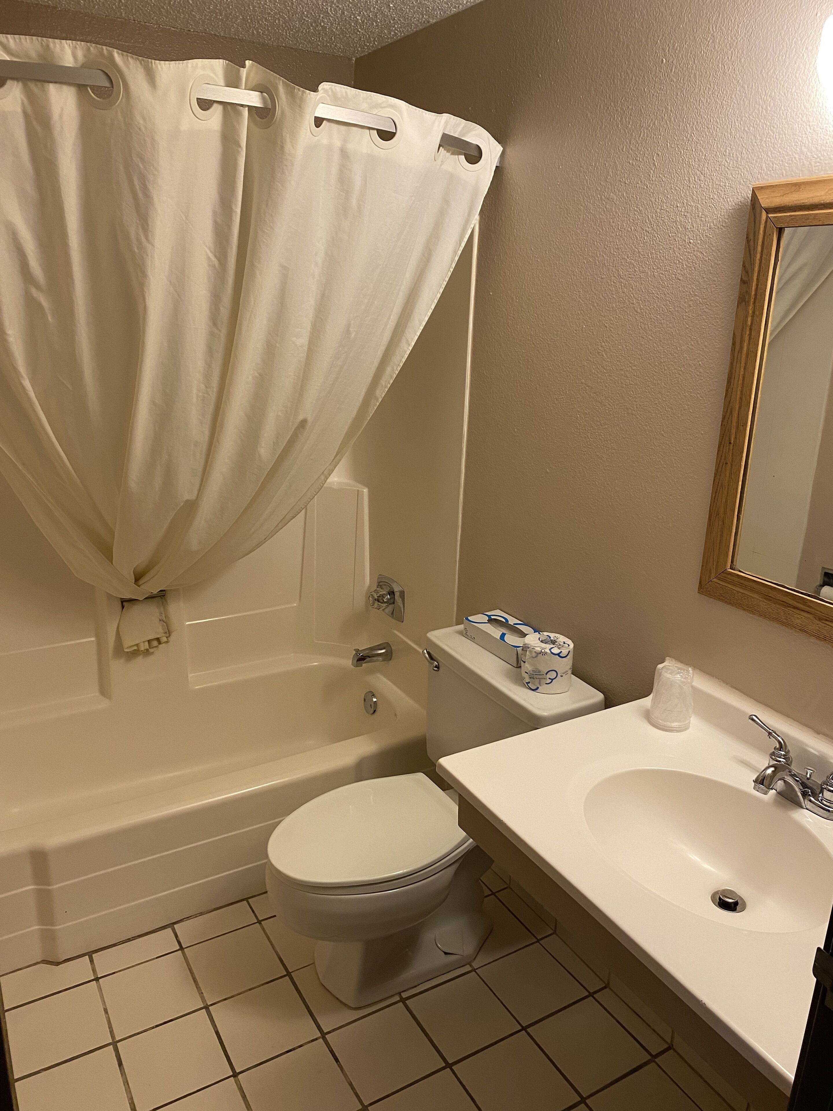 combined shower/bathtub, hair dryer, towels