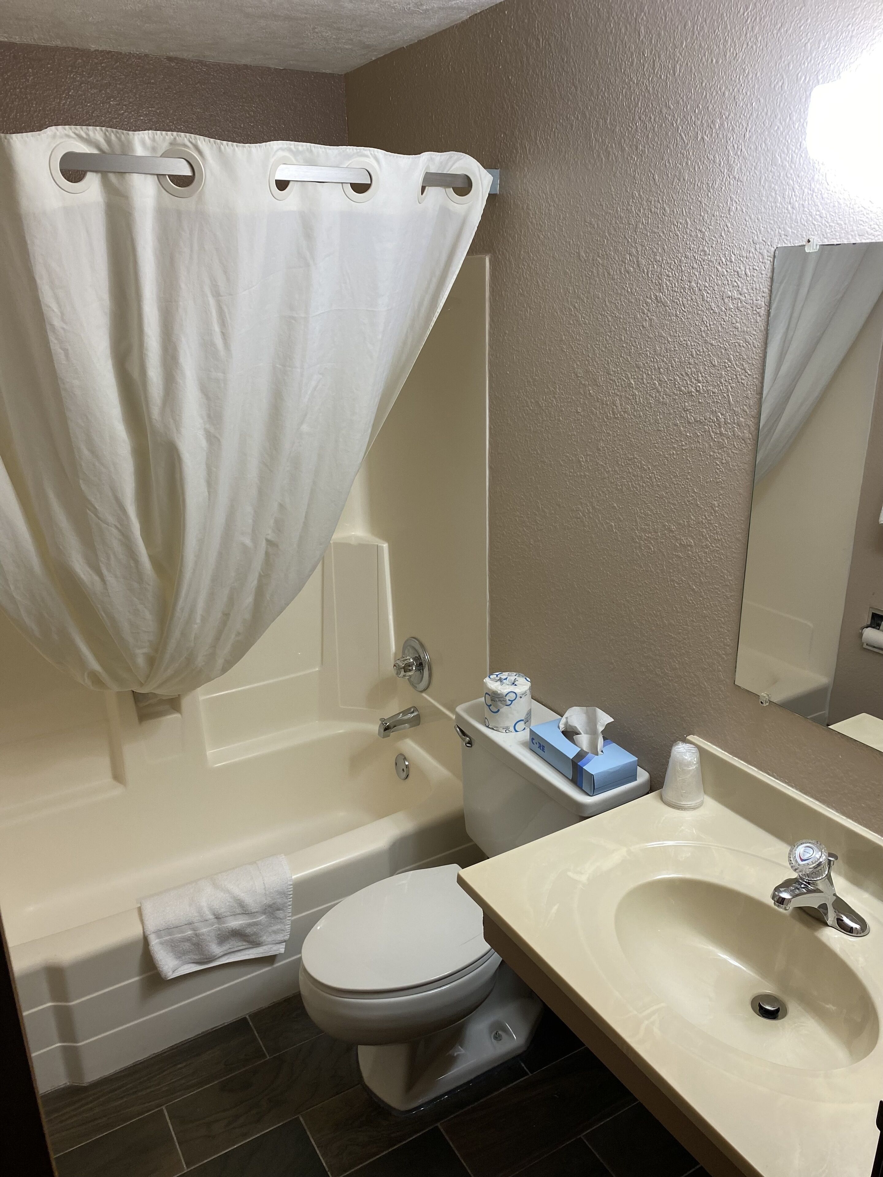 combined shower/bathtub, hair dryer, towels