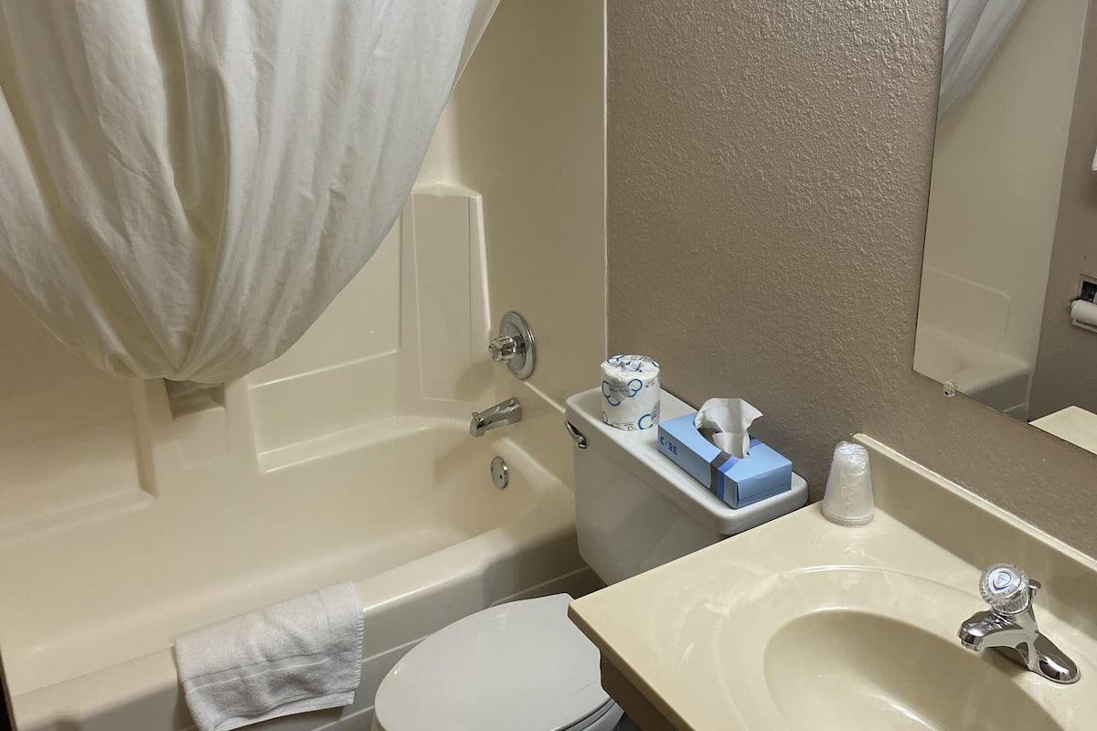 combined shower/bathtub, hair dryer, towels