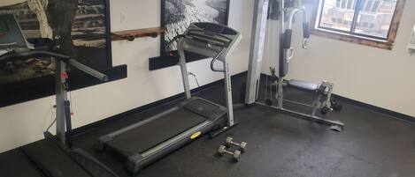 A gym with a treadmill, weight bench, and dumbbells.