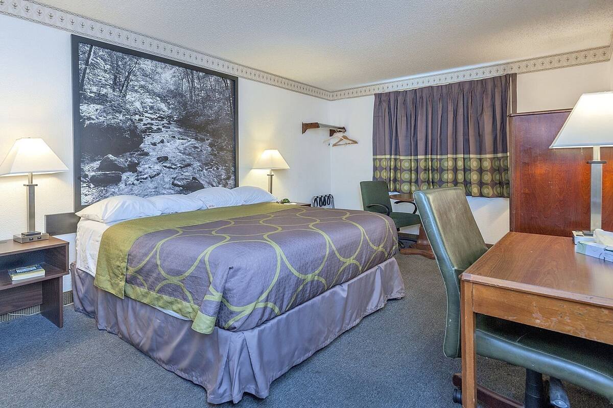 Habitación de hotel con cama, dos lámparas de noche, escritorio, silla, un cuadro grande y una ventana con cortinas.