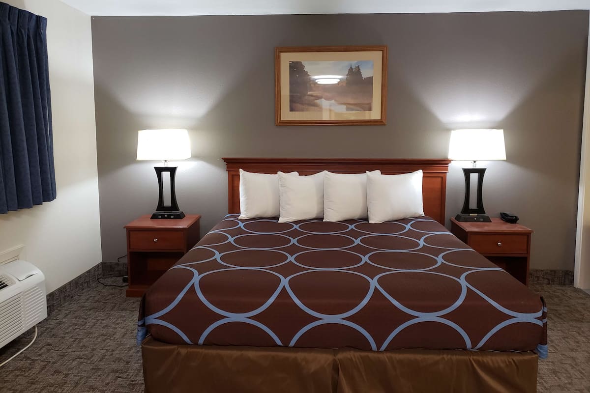 Een hotelkamer met een groot bed, twee nachtkastjes met lampen, een schilderij aan de muur en een raam met gordijnen.