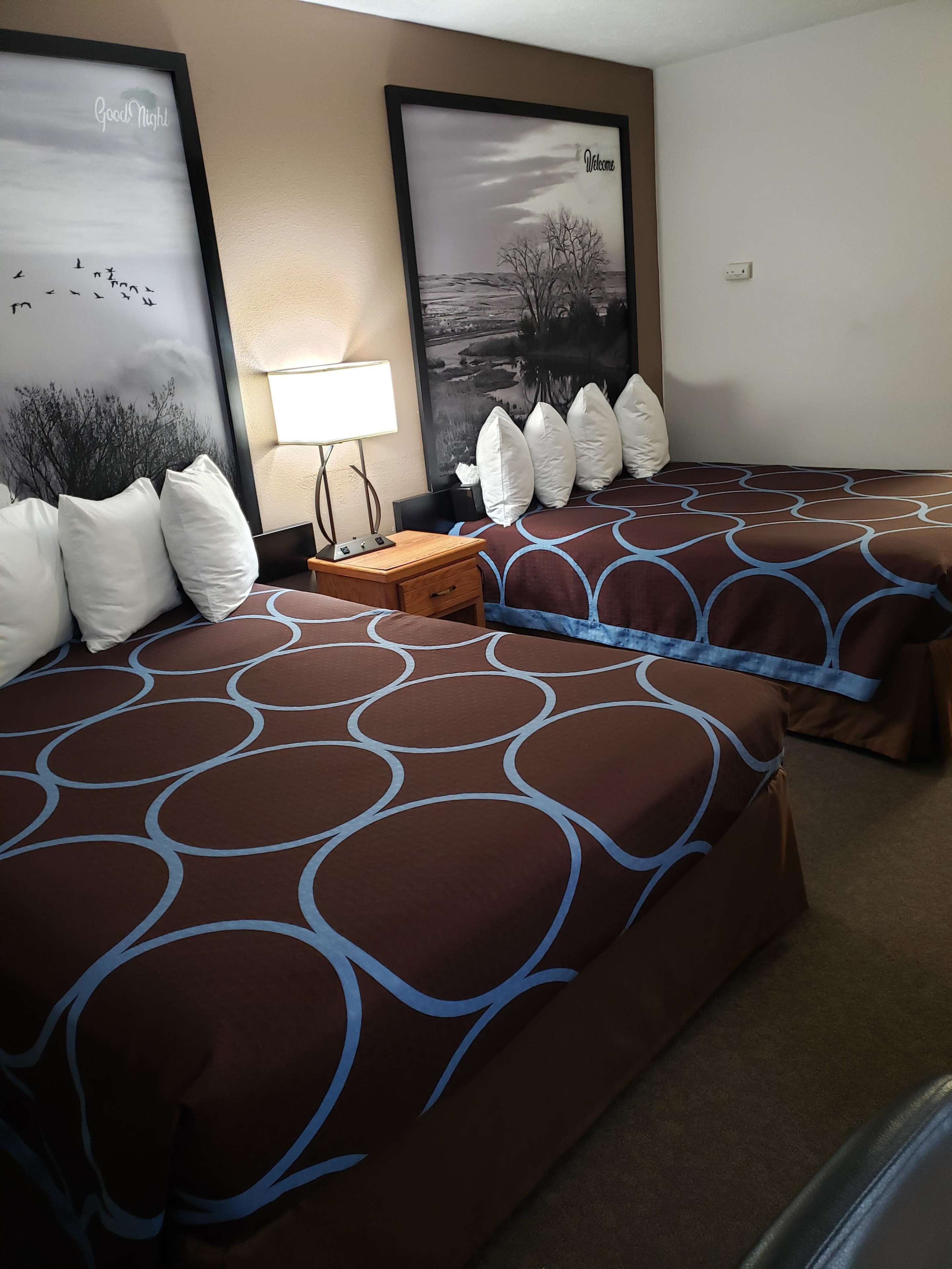 A hotel room with two beds, each with a brown and blue patterned bedspread, a wooden nightstand with a lamp, and two framed pictures on the wall.