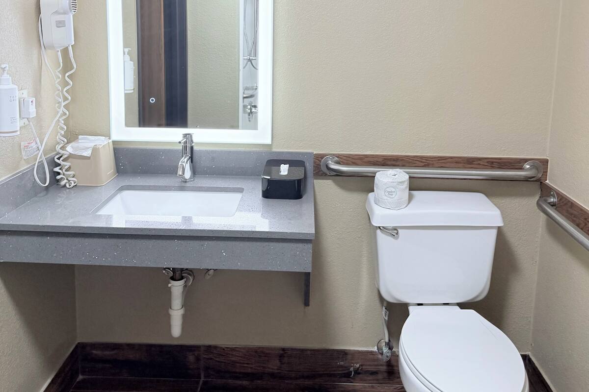 Een badkamer met een wastafel, spiegel, haardroger, toilet en een handgreep.
