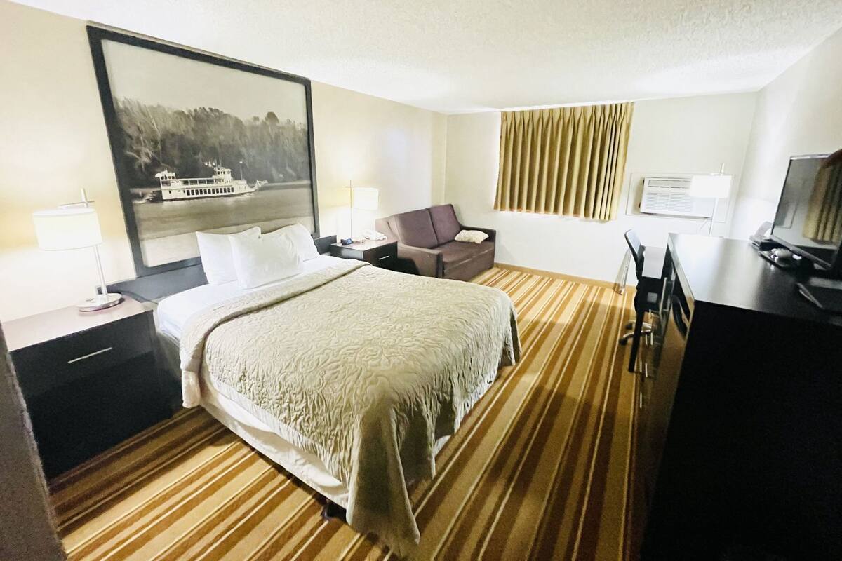 Une chambre d’hôtel avec un lit, un bureau, une chaise, une télévision et un tableau au mur.