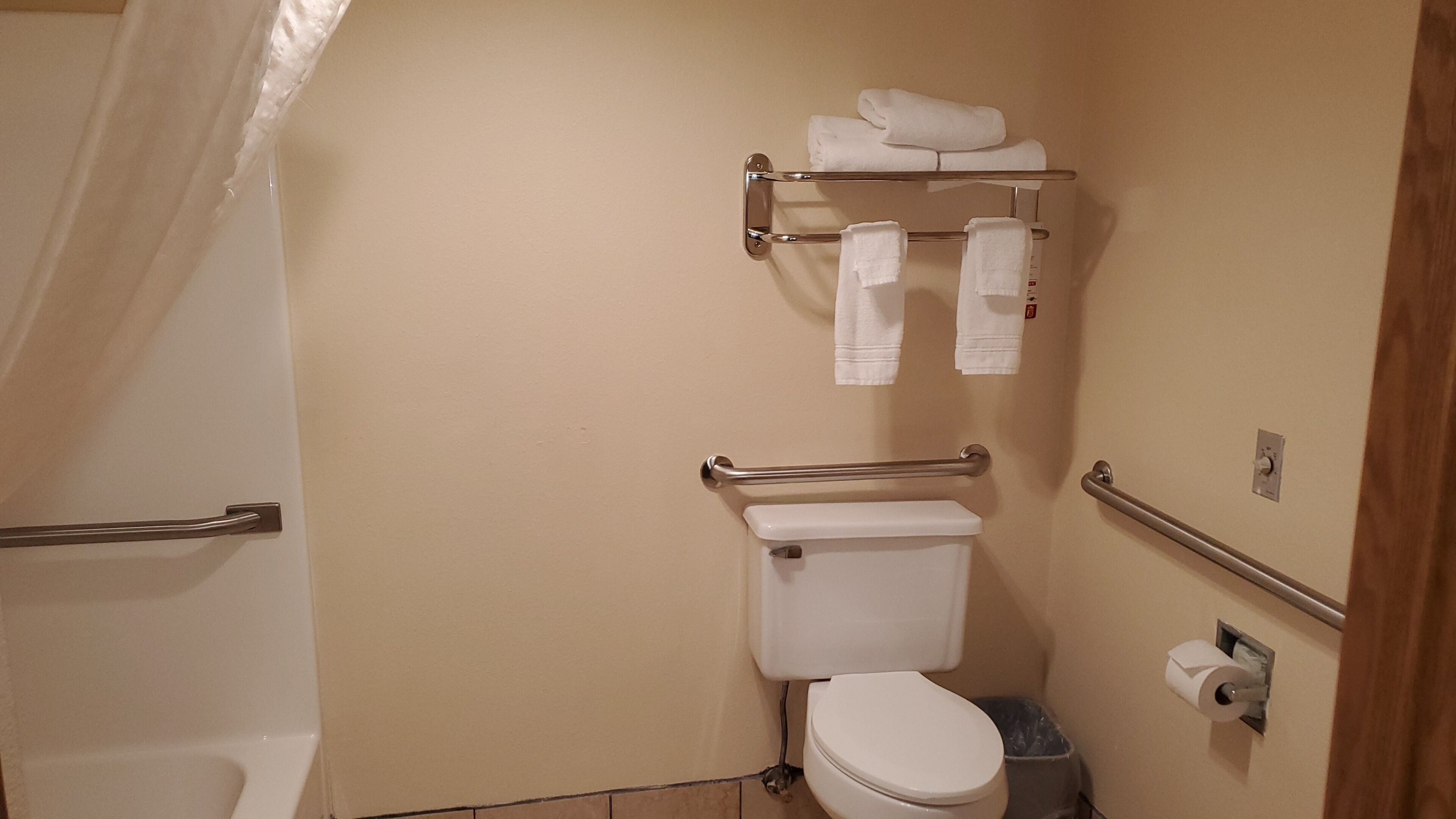 A small, compact bathroom with a toilet, a shower area, and a towel rack.