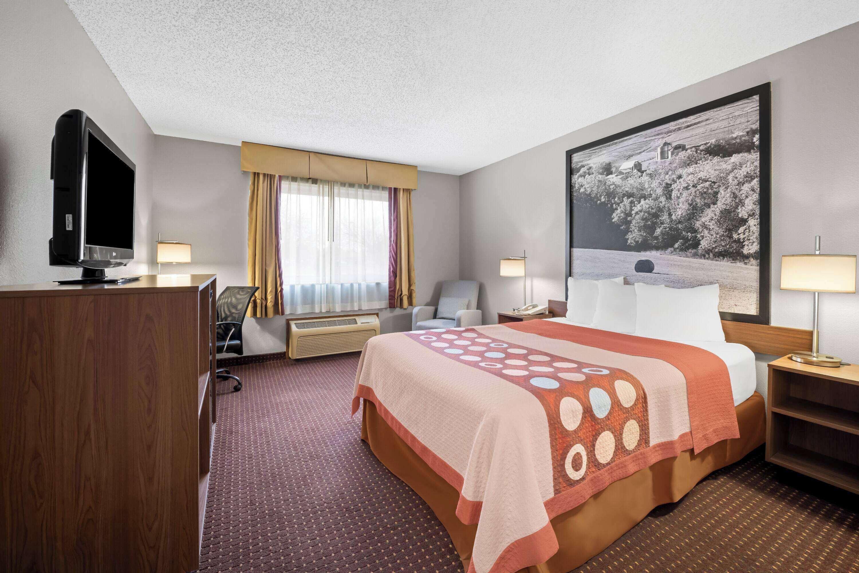 A hotel room with a large bed, a desk with a television, a chair, a desk lamp, and a large framed picture on the wall.