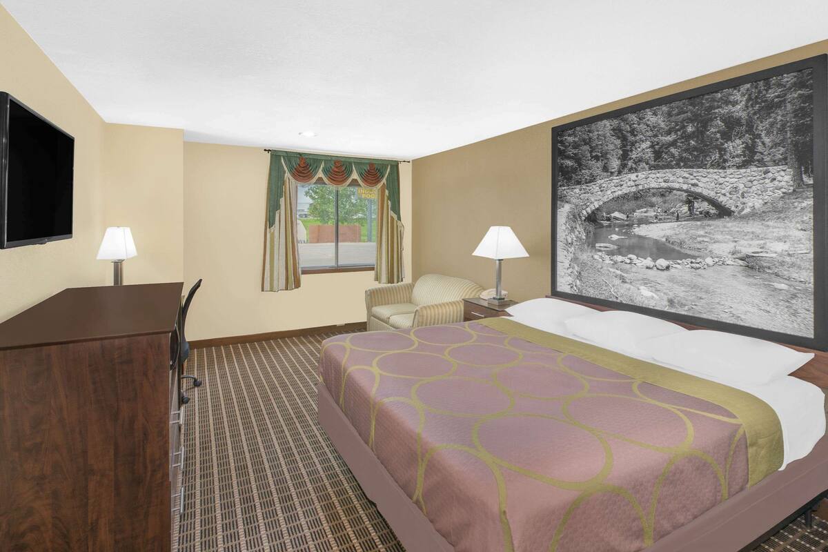 A hotel room with a bed, a desk, a chair, a TV, and a large framed picture of a bridge over a river.