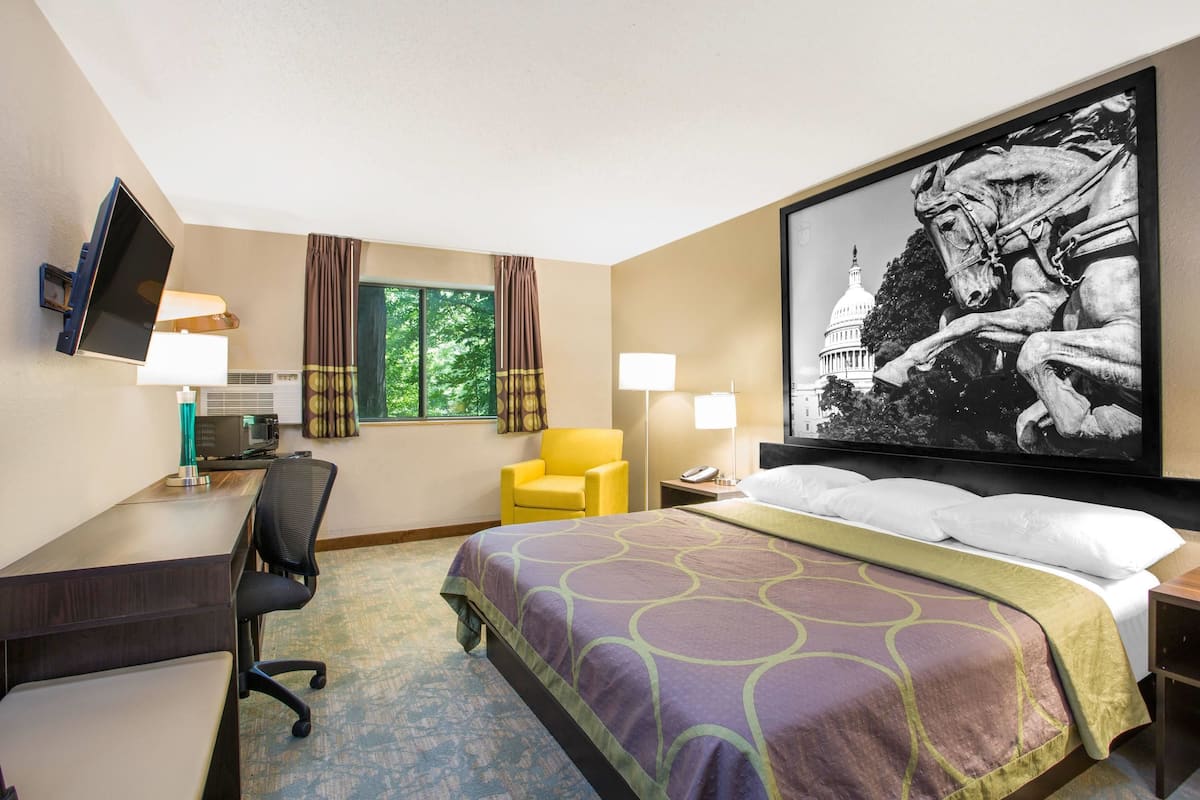 Une chambre d’hôtel avec un grand lit, un bureau avec un ordinateur, une chaise, une télévision et un tableau représentant un cheval.