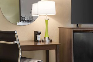 Desk, laptop workspace, blackout drapes, free cribs/infant beds