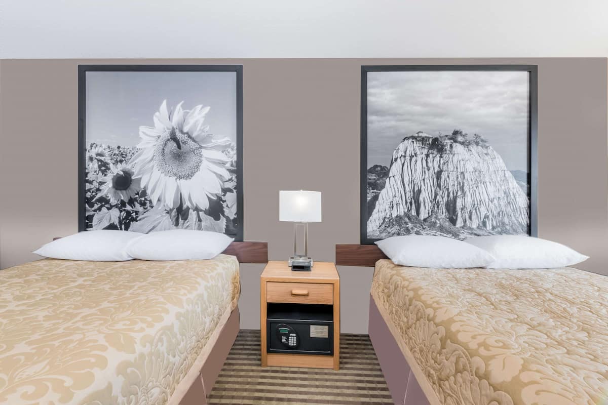Room, 2 Double Beds, Non Smoking | In-room safe, desk, blackout drapes, free cribs/infant beds