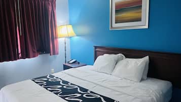 Down comforters, memory foam beds, desk, blackout drapes