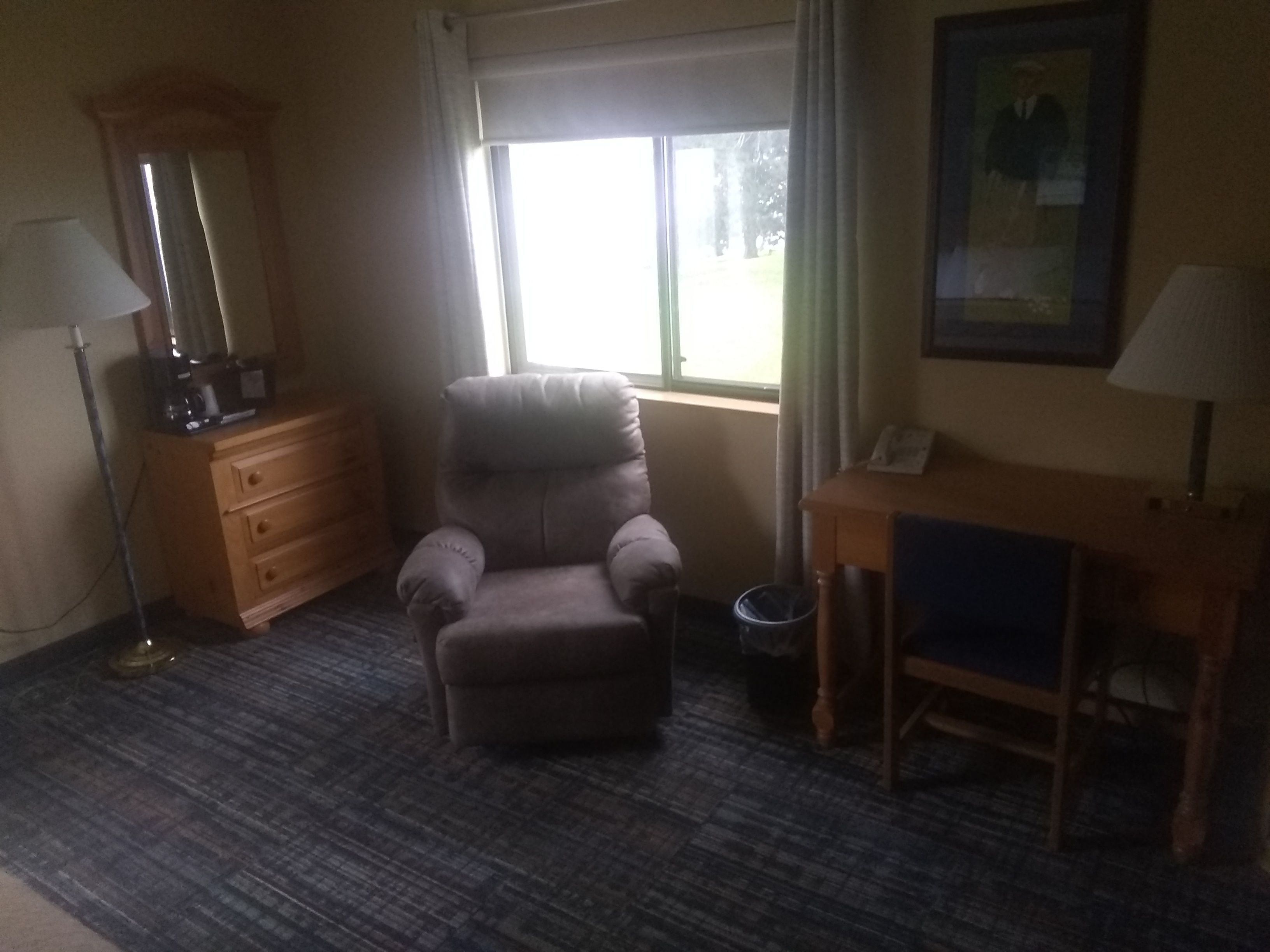A room with a single armchair, a wooden desk, a dresser, a mirror, and a window with curtains.
