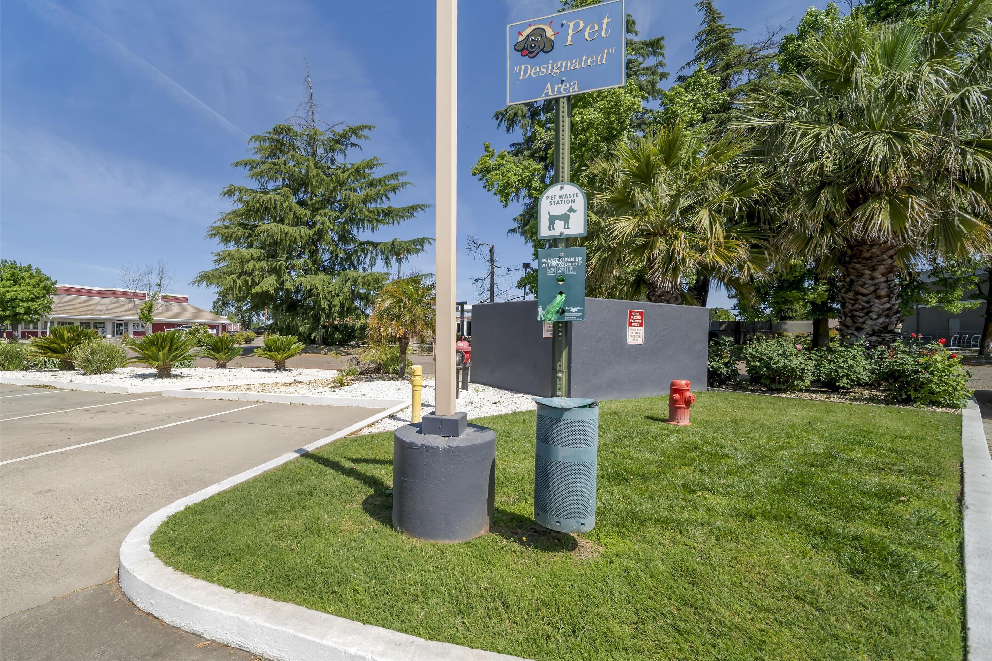 A designated pet area with a pet waste station, a trash can, and a fire hydrant.