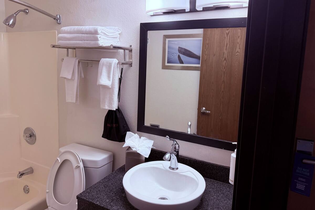Standard Room, 1 King Bed, Non Smoking, Refrigerator & Microwave | Bathroom | Combined shower/tub, deep soaking tub, towels