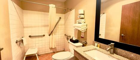 Un baño con ducha, inodoro, barras de apoyo, un taburete, lavamanos y espejo.