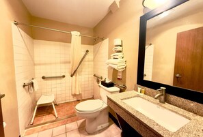 A bathroom with a shower, toilet, grab bars, a step stool, a sink, and a mirror. - Super 8 by Wyndham Melrose (Melrose)