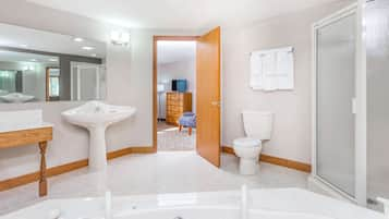 Combined shower/tub, free toiletries, hair dryer, towels