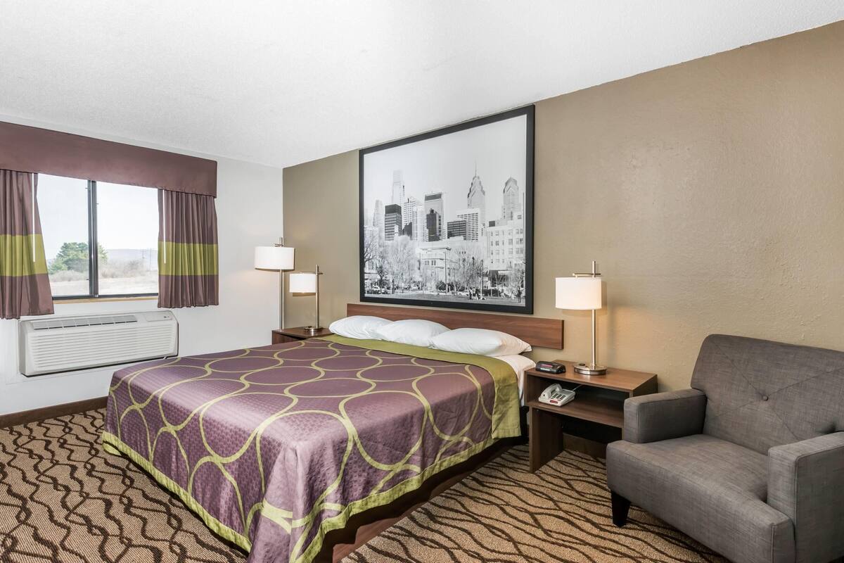 Une chambre d’hôtel avec un lit, une chaise, une table de chevet, une lampe, un tableau au mur et une fenêtre avec des rideaux.
