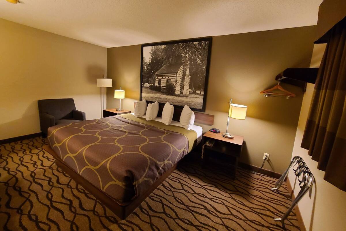 Une chambre d’hôtel avec un lit, deux tables de chevet, une chaise, un porte-manteau et un grand tableau encadré au mur.