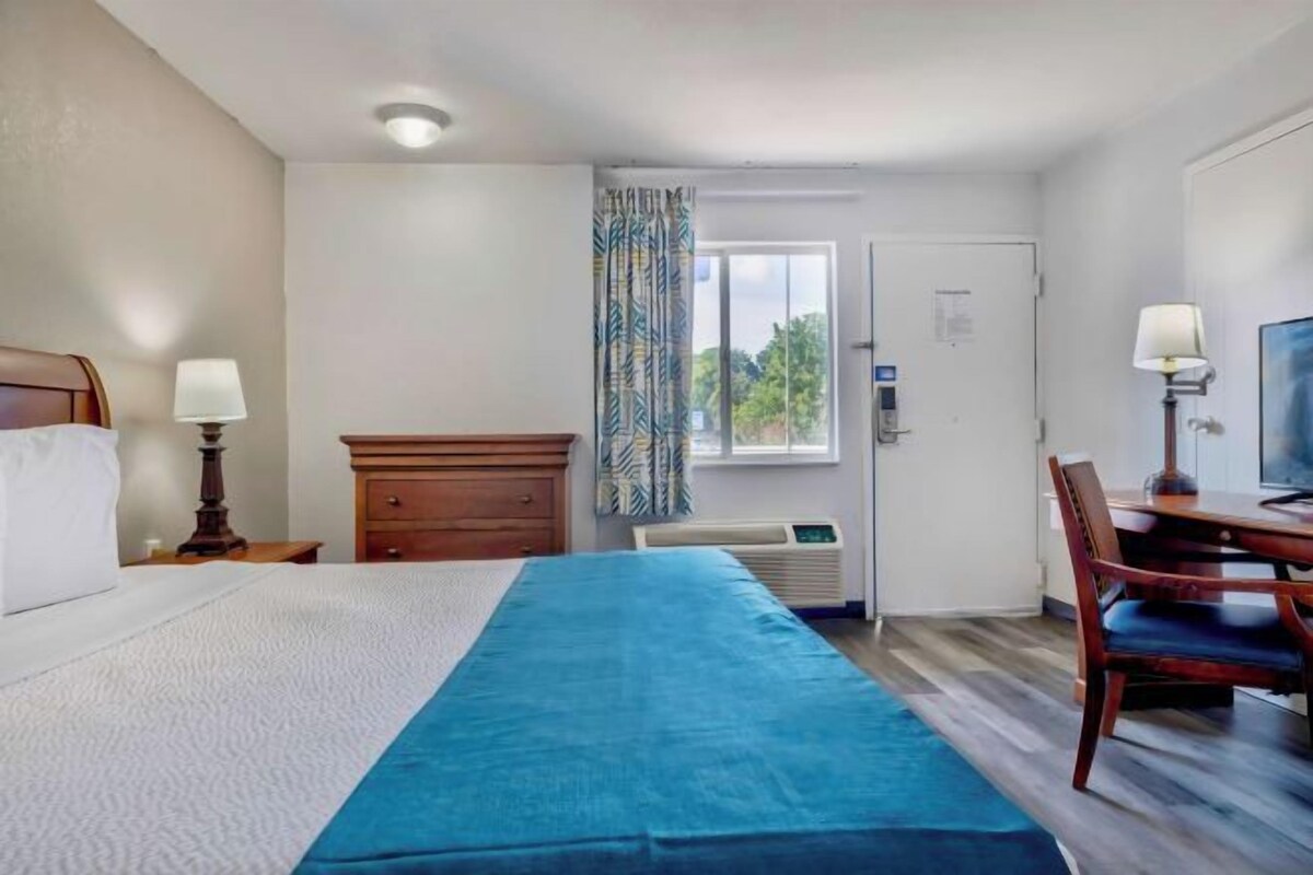 A hotel room with a bed, a desk, a chair, a window with curtains, a door, and a wall-mounted TV.