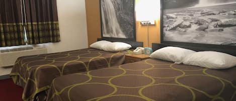 A hotel room with two beds, a large window with curtains, an air conditioning unit, a nightstand with a phone and clock, and a wall with a waterfall painting.