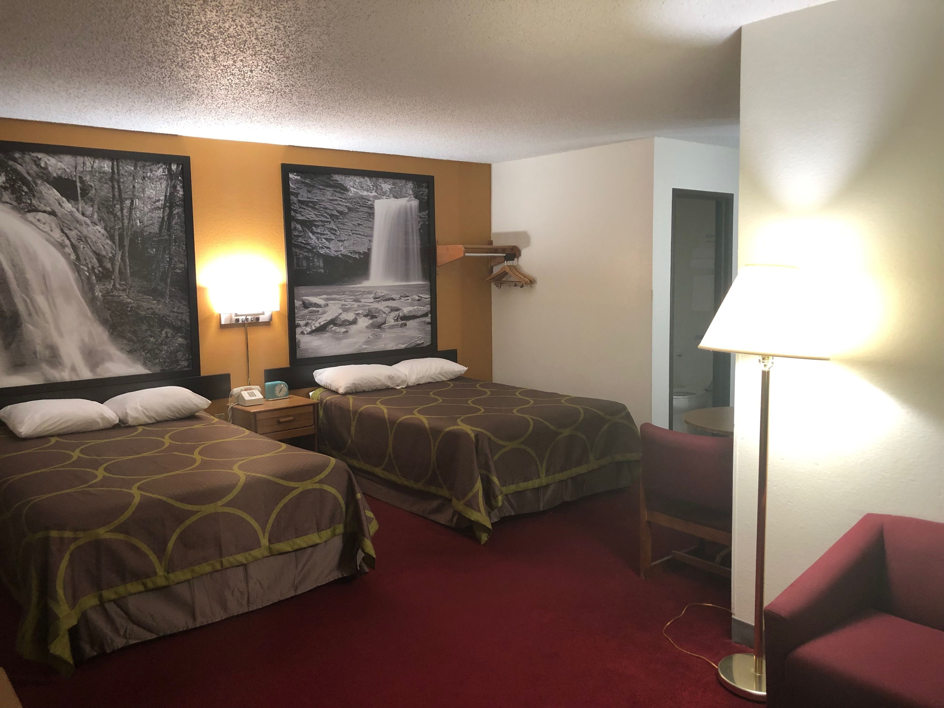 Une chambre d’hôtel avec deux lits, une grande affiche représentant une cascade accrochée au mur, une table de chevet avec une lampe et une moquette rouge.
