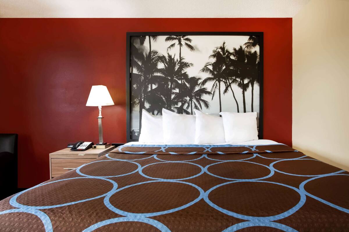 Une chambre d’hôtel avec un lit, une table de chevet avec une lampe, un téléphone et une décoration murale représentant des palmiers.