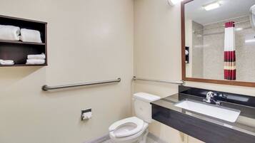 Un baño con inodoro, lavamanos y espejo.