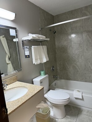 Combined shower/bathtub, free toiletries, hair dryer, towels
