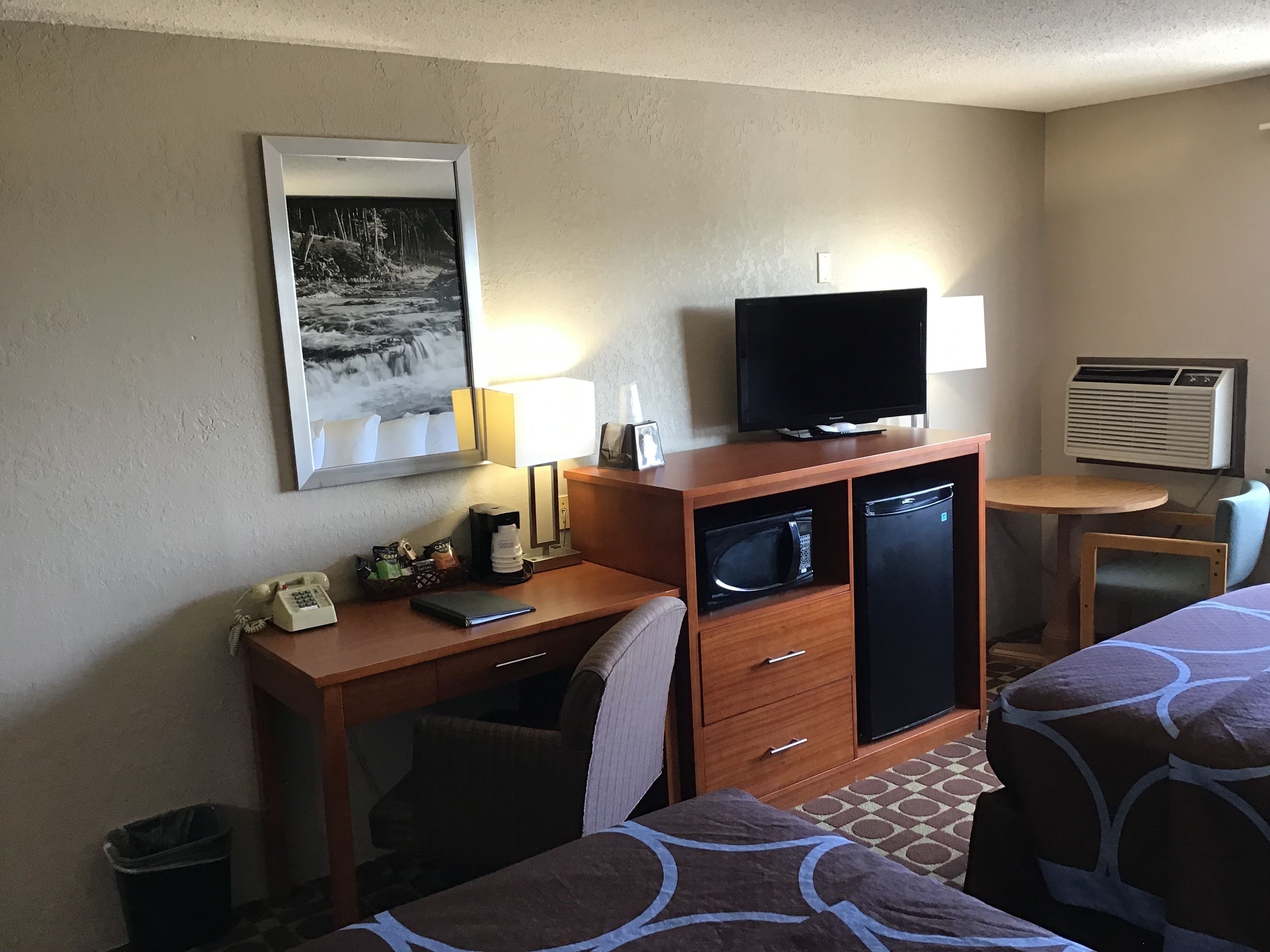 A hotel room with a desk, a television, a microwave, a mini-fridge, a lamp, a trash bin, and two beds with patterned bedspreads.