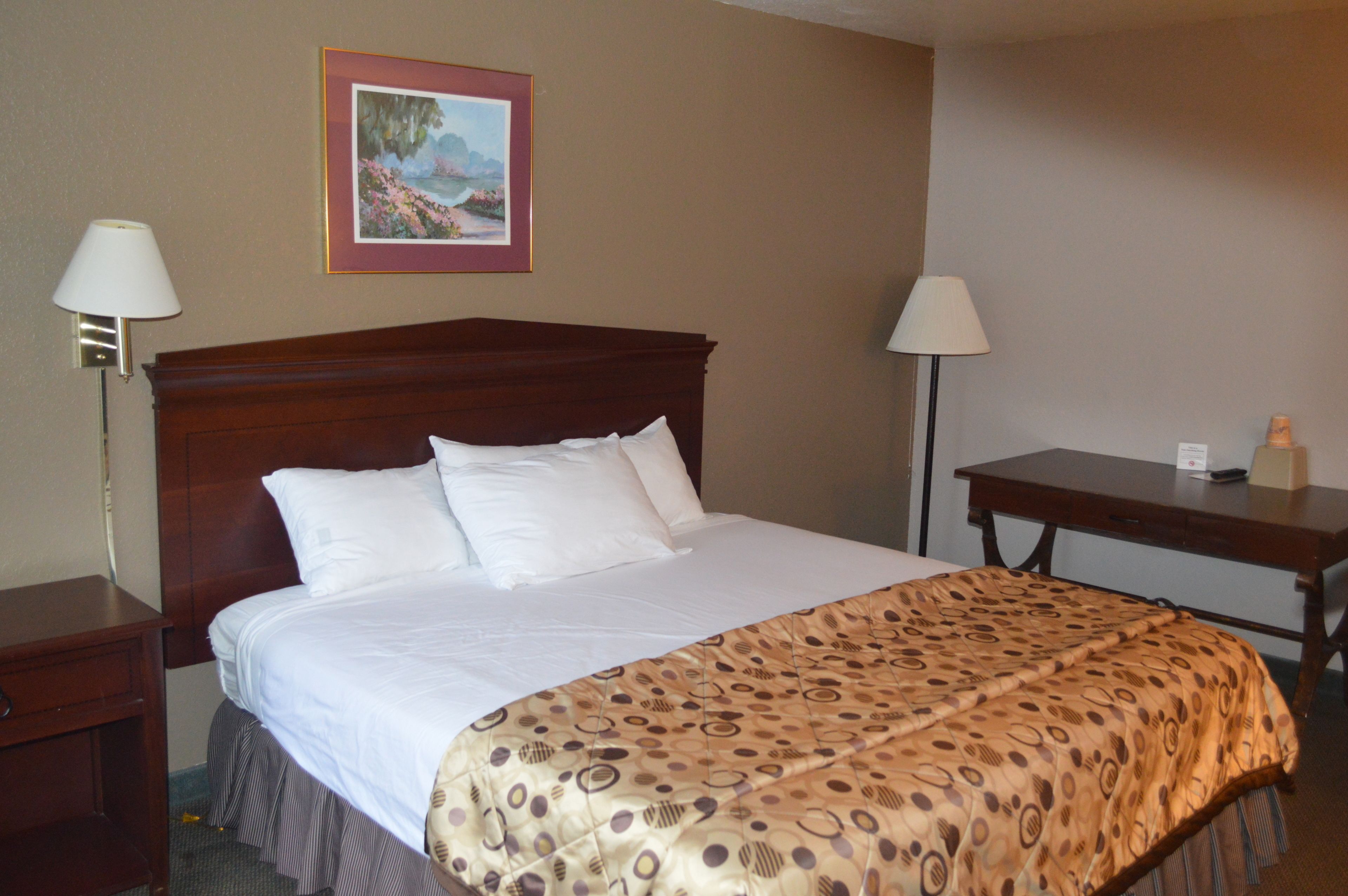 A hotel room with a large bed, two bedside tables, a desk, and a framed picture on the wall.