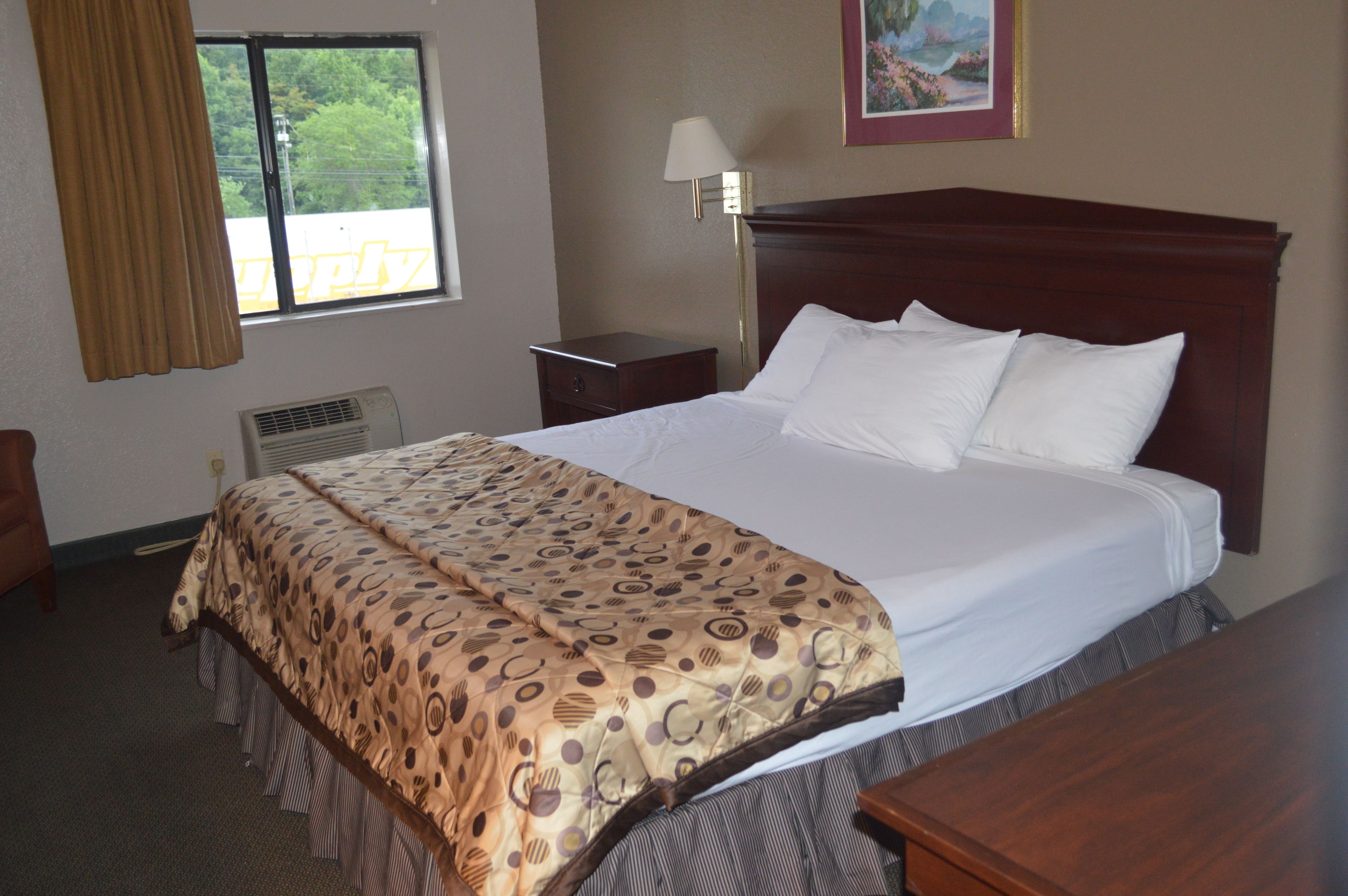 A hotel room with a large bed, a bedside table, a lamp, and a window with curtains.