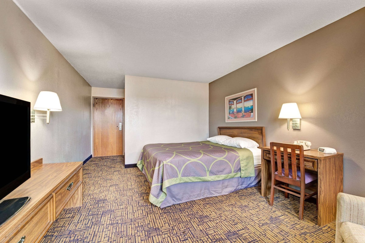 A hotel room with a bed, a desk, a chair, a television, and lamps.