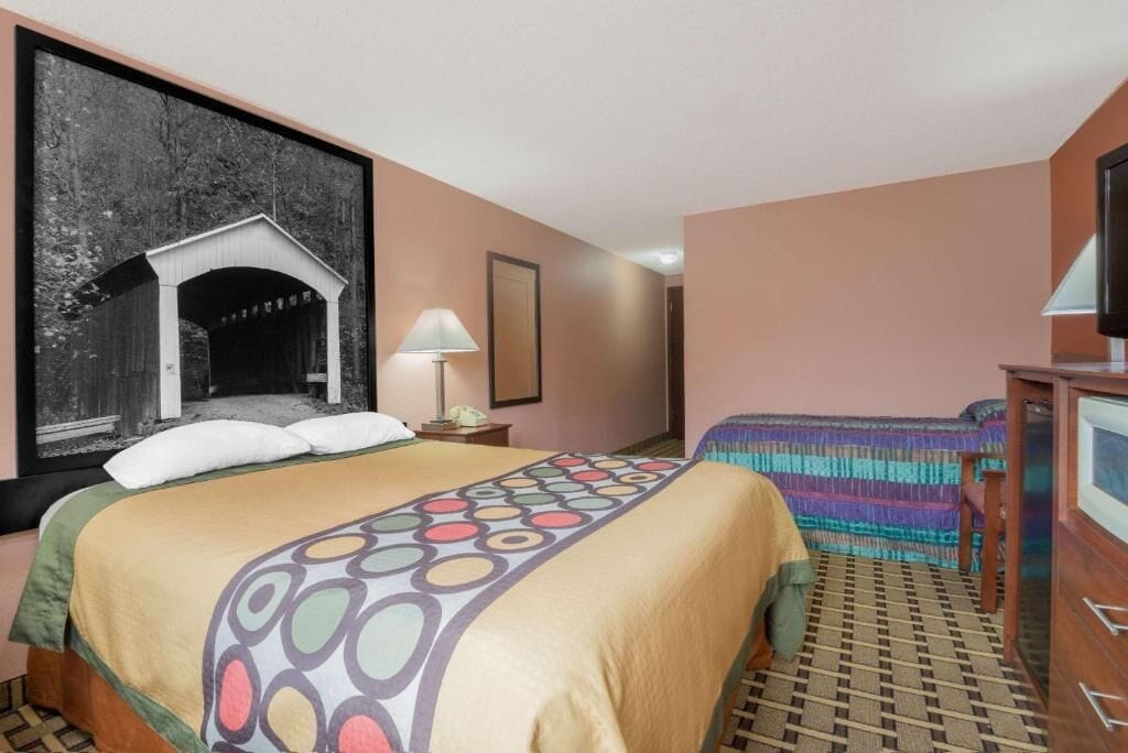 Una habitación de hotel con una cama, una mesita de noche, una lámpara, un televisor y una alfombra estampada.