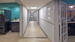 A hotel hallway with a wooden floor, teal walls, and a kitchen area on the left. - Super 8 by Wyndham Rockford I-90/Casino District (Rockford)